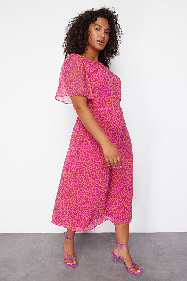 Fukszia állatmintás A-vonalú Midi szőtt ruha TBBSS23AH00274 - 3