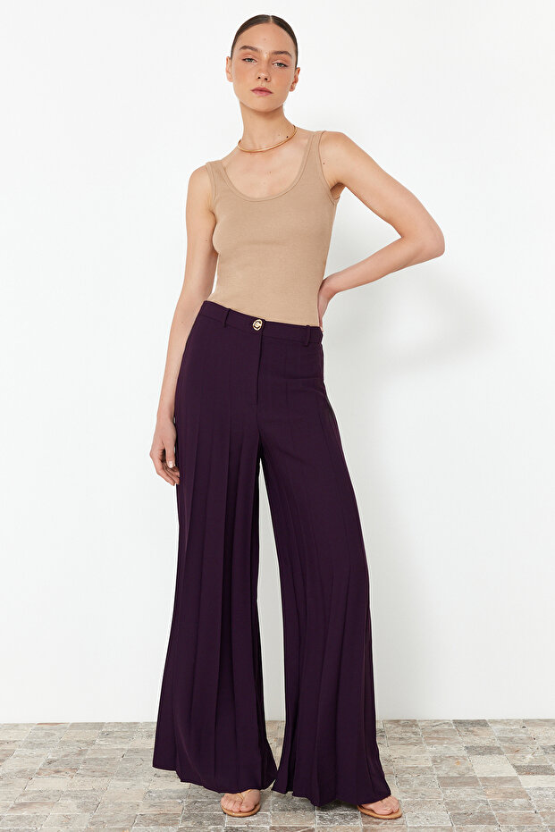 Plum Palazzo Extra Wide Leg Pleated Woven Trousers