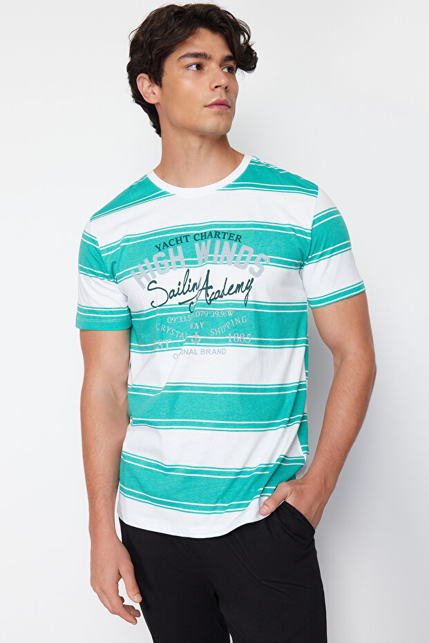Yeşil Regular Fit Çizgili Örme %100 Pamuklu Pijama Takımı TMNSS24PT00041 - 3