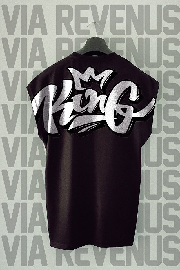 King Back Printed Oversize Wide Fit Zero Sleeve Black T-Shirt