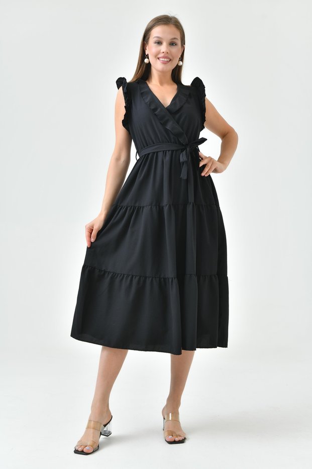 Women's Midi Length Black Dress with Elastic Waist Sleeve Ruffled Double Breasted Collar Belted 103