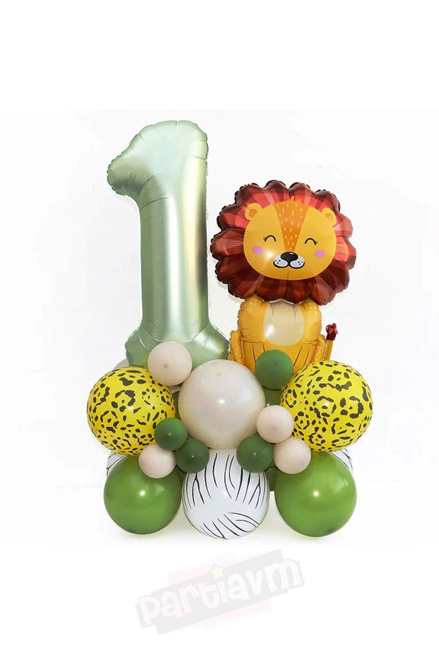 Birthday Balloon Set with Lion Balloon Safari Mildew Green Cream Number Balloon Retro EASY INSTALL VIDEO