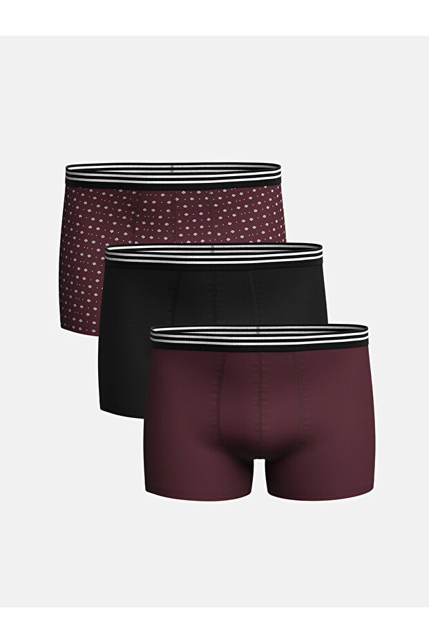 Burgundy Printed Standard Fit Cotton Flexible Men's Boxer 3-Piece
