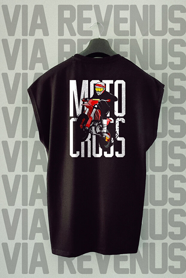 Motocross Back Printed Zero Sleeve Oversize Crew Neck Black Sports Tshirt