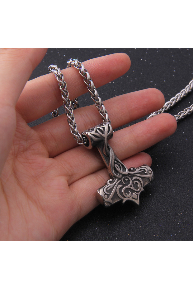 Vintage Patterned Thor Mjollnir Triquetra Nordik 316L Steel Necklace