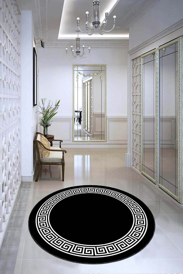 Kaymaz Tabanlı Makinede Yıkanabilir Versace Desen Modern Yuvarlak Halı Ar601 - 1