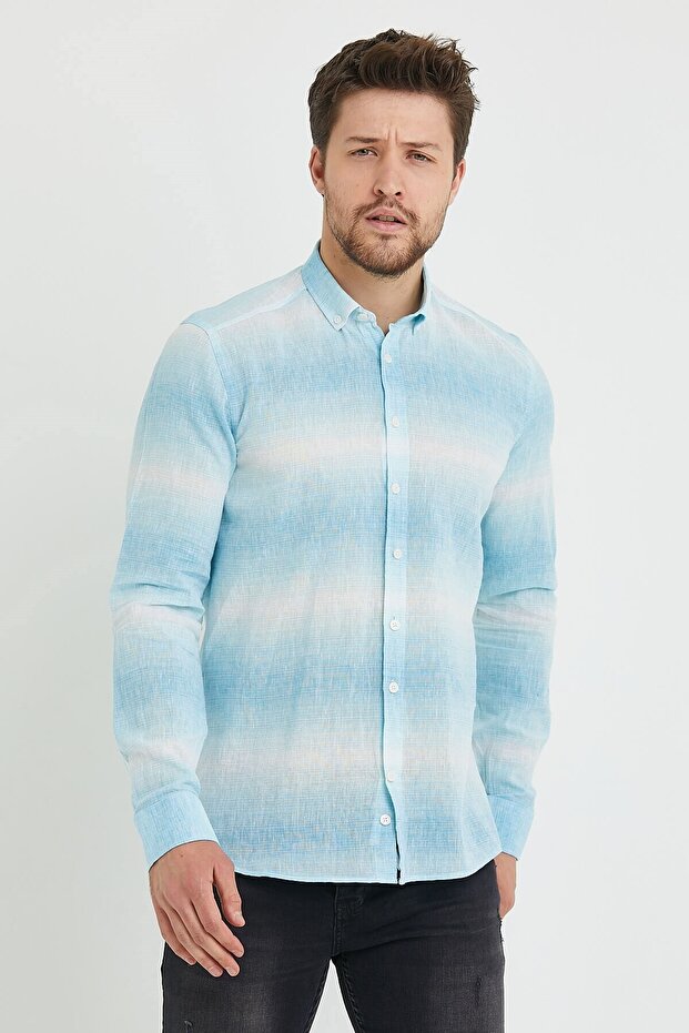 Linen Turquoise White Striped Slim Fit Long Sleeve Shirt