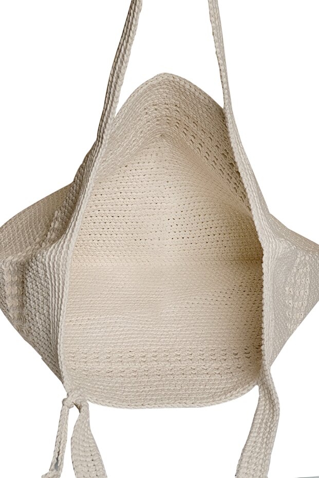 Ekru Makrome Örgü Tote Çanta - 3