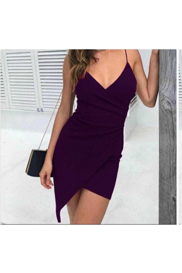 Double Breasted Collar Detailed Asymmetrical Cut Thin Straps Flexible Crepe Fabric Purple Mini Dress 073