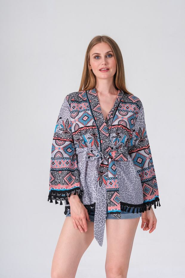 Cotton Voile Fabric Kimono Tassel Detailed Short Pareo And Beach Dress