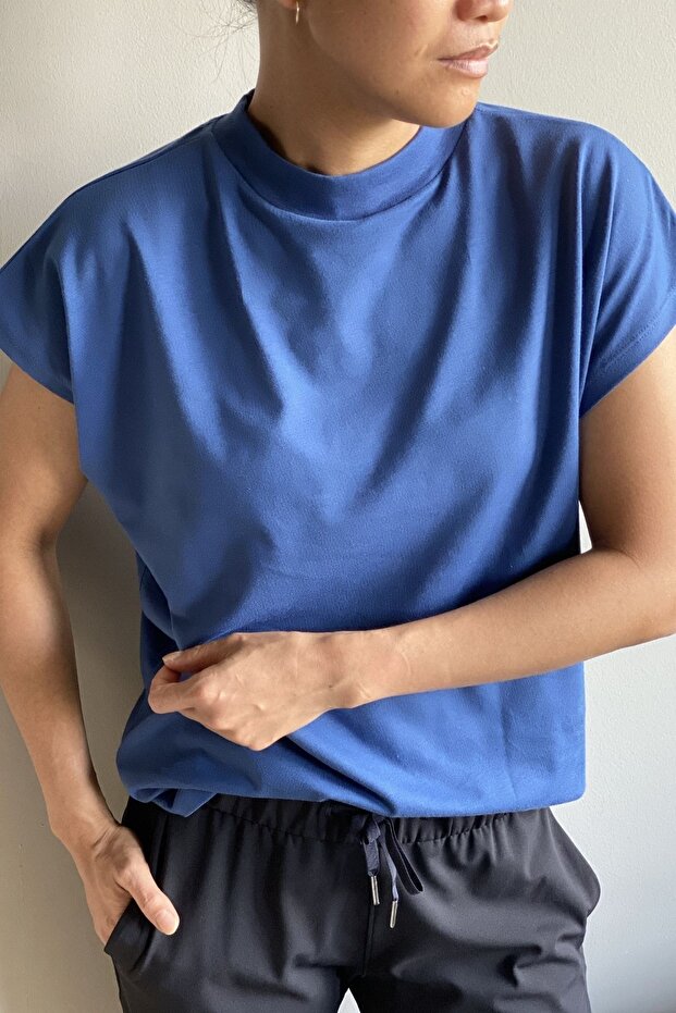 Cate Dik Yaka (mock Neck) Kısa Kol Mavi Bluz - 4