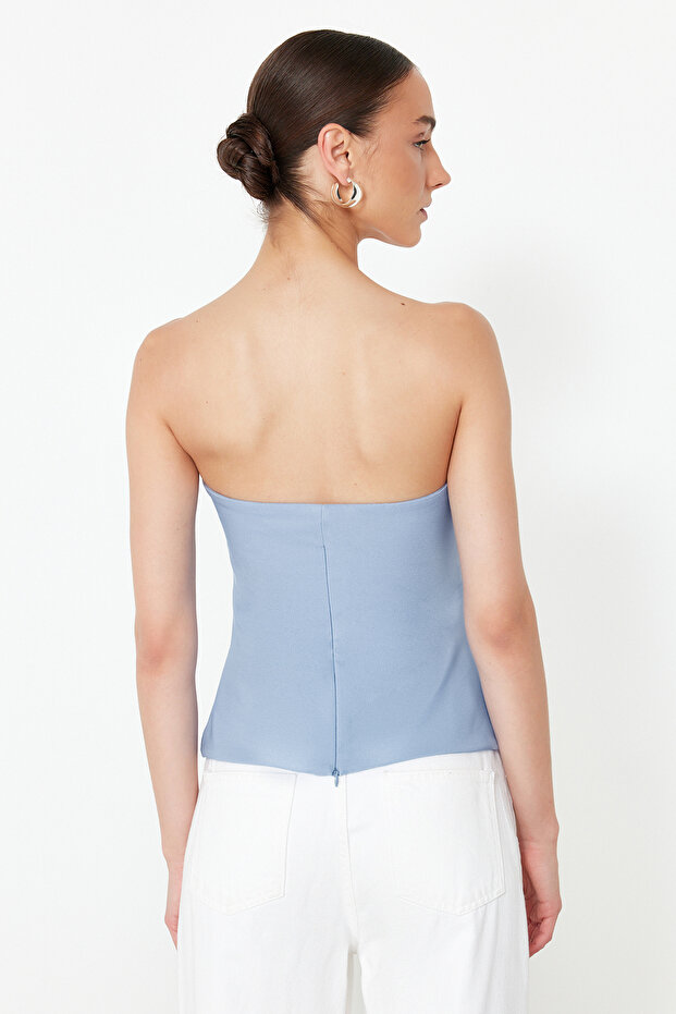 Açık Mavi Straplez Fitted Drapeli Dokuma Bluz TWOSS24BZ00348 - 6
