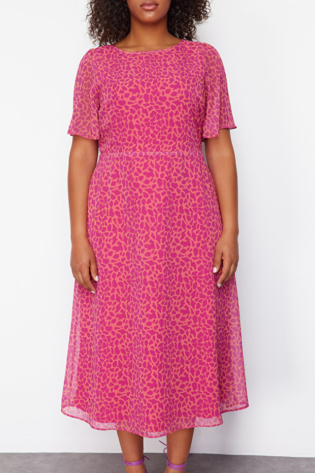 Fukszia állatmintás A-vonalú Midi szőtt ruha TBBSS23AH00274 - 4