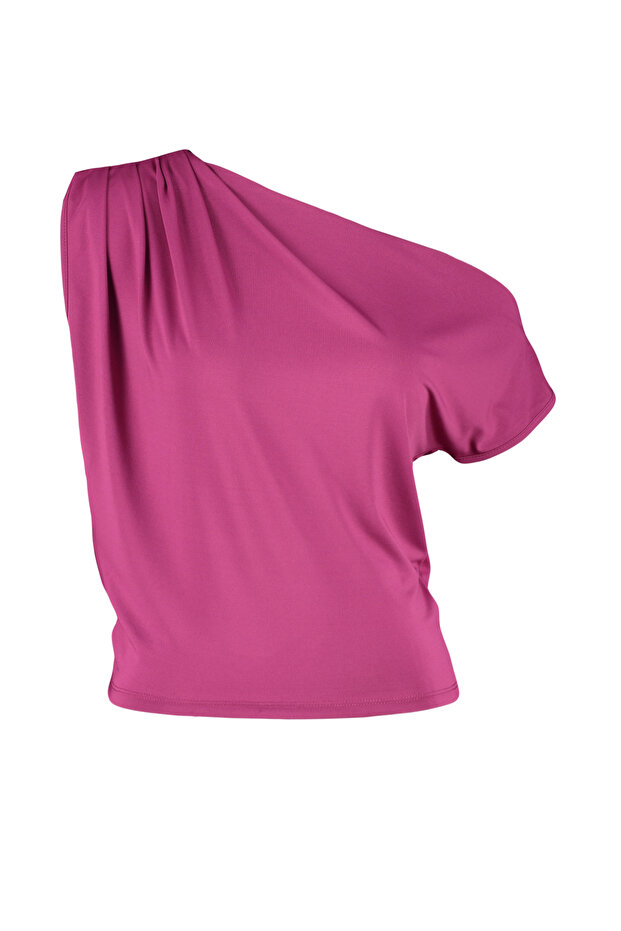 Fuşya Regular/Normal Kalıp Asimetrik Yaka Sıfır Kol Esnek Örme Bluz TWOSS24BZ00396 - 7