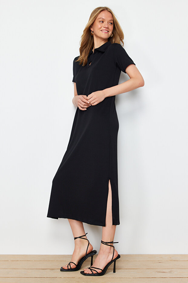 Siyah Polo Yaka Shift/Normal Kesim Midi Esnek Örme Elbise TWOSS24EL01012 - 3