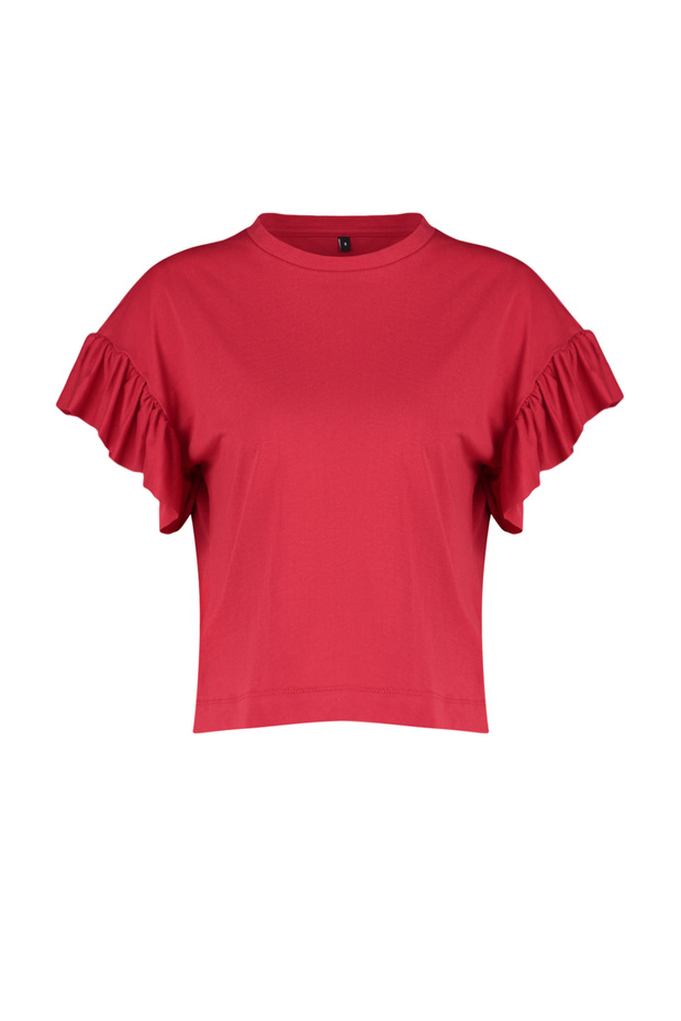 Kırmızı %100 Pamuk Fırfır Detaylı Basic Bisiklet Yaka Örme T-Shirt TWOSS22TS2429 - 7