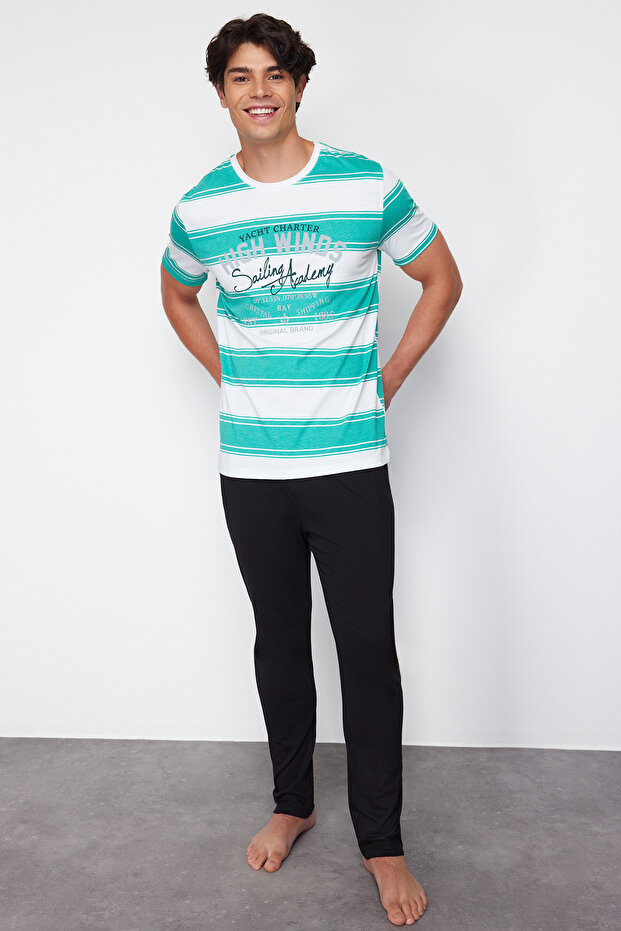 Yeşil Regular Fit Çizgili Örme %100 Pamuklu Pijama Takımı TMNSS24PT00041 - 2