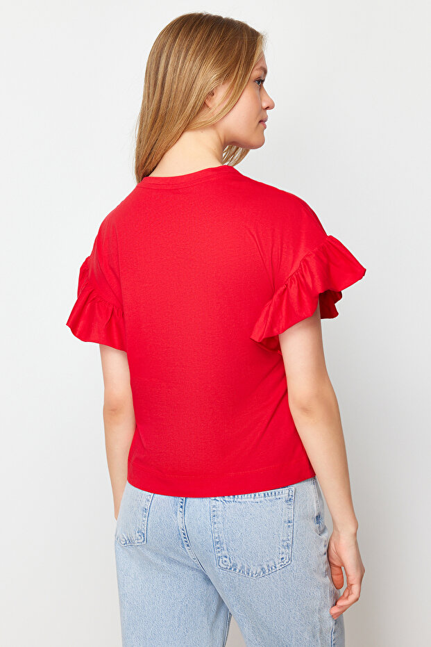 Kırmızı %100 Pamuk Fırfır Detaylı Basic Bisiklet Yaka Örme T-Shirt TWOSS22TS2429 - 6