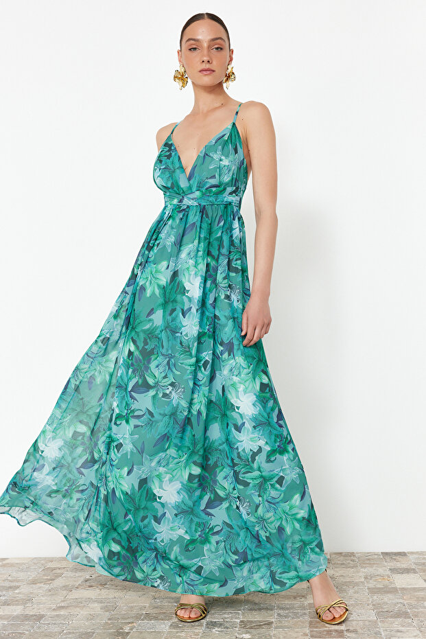 A-Cut Floral Print Chiffon Evening Dress - TPRSS24AE00094 - 1