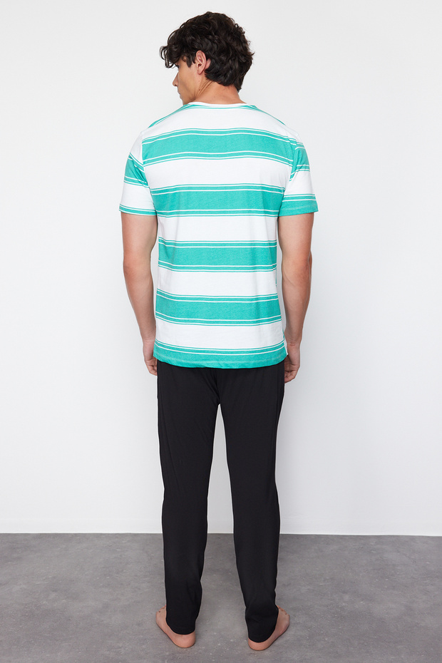 Yeşil Regular Fit Çizgili Örme %100 Pamuklu Pijama Takımı TMNSS24PT00041 - 6