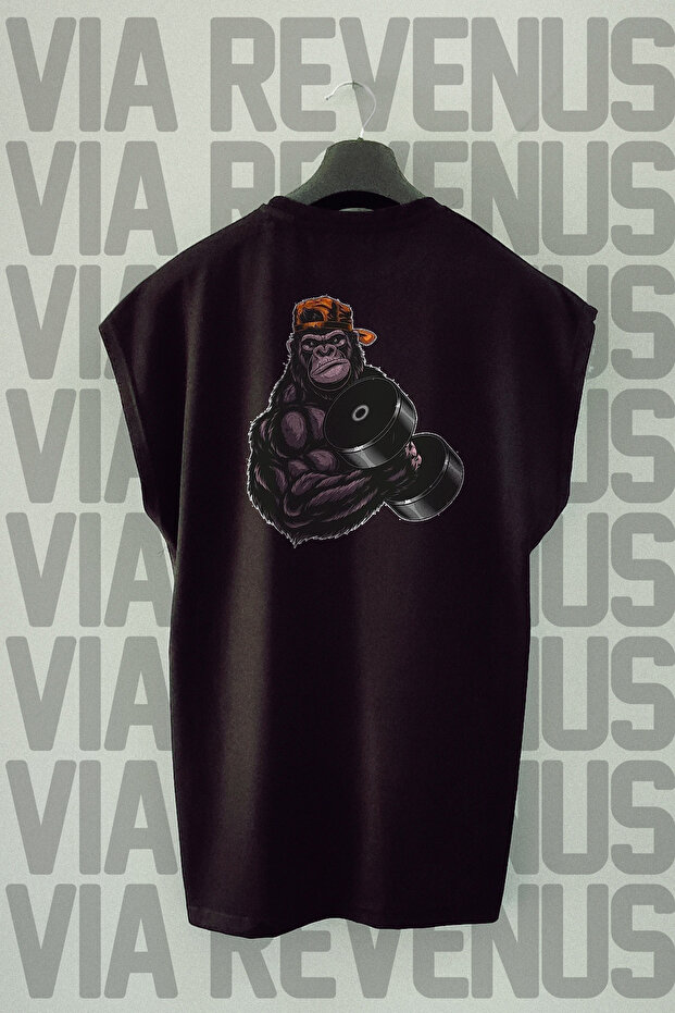 Gym Gorilla Pattern - Oversize Black T-Shirt, Zero Sleeve