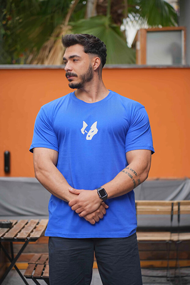Kurt Baskılı Basic T-Shirt Mavi