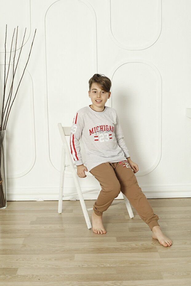 Long Sleeve Crew Neck Gray Melange Color Men's Pajama Set
