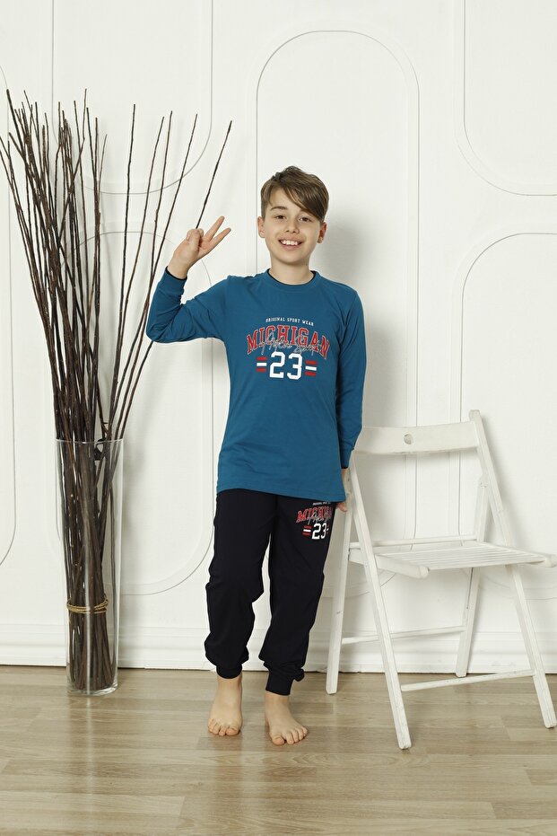 Long Sleeve Crew Neck Petrol Color Men's Pajama Set