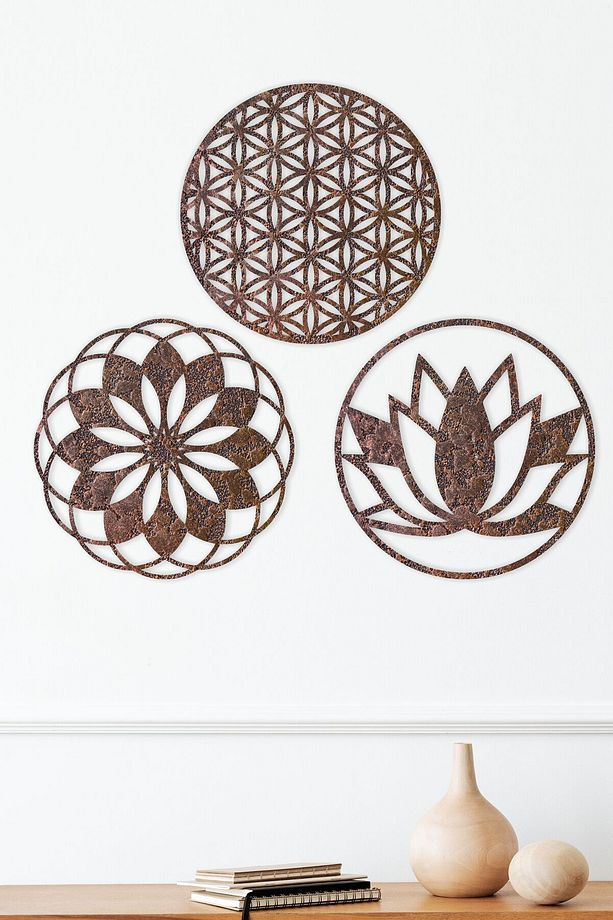 Bakır Kabartma Desenli  Ahşap Lotus Çiçeği Yaşam Çiçeği, Mandala  Üçlü Tablo Seti Duvar Süsü - 1