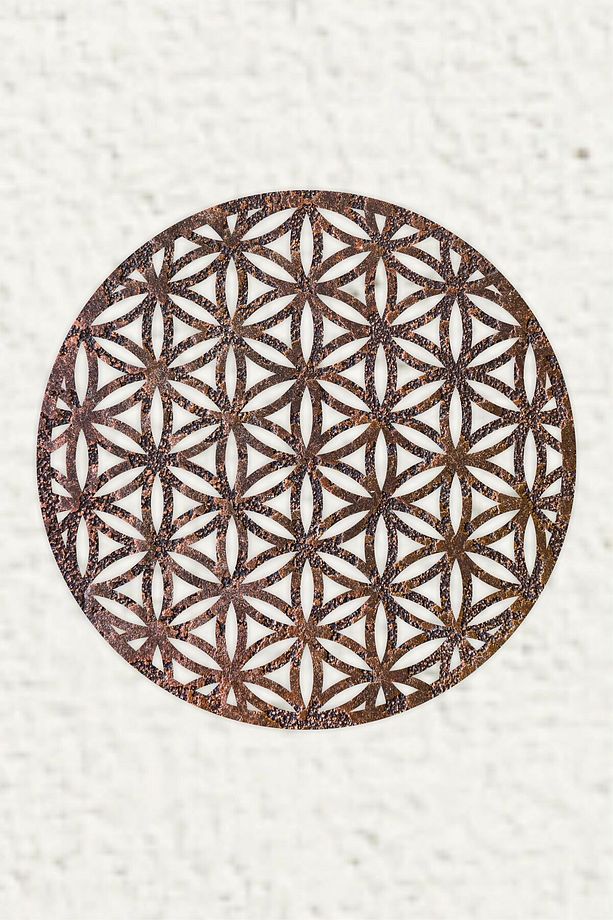 Bakır Kabartma Desenli  Ahşap Lotus Çiçeği Yaşam Çiçeği, Mandala  Üçlü Tablo Seti Duvar Süsü - 6