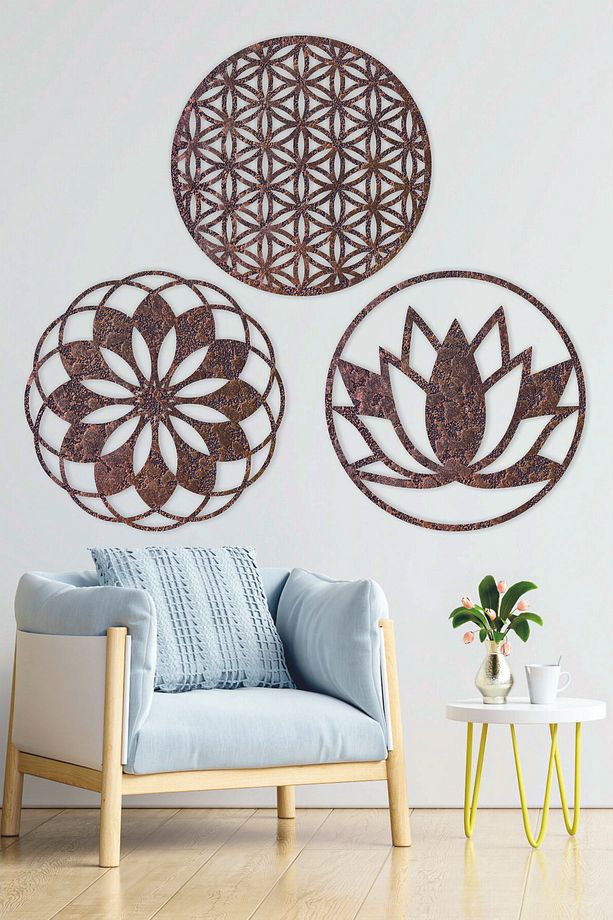 Bakır Kabartma Desenli  Ahşap Lotus Çiçeği Yaşam Çiçeği, Mandala  Üçlü Tablo Seti Duvar Süsü - 2
