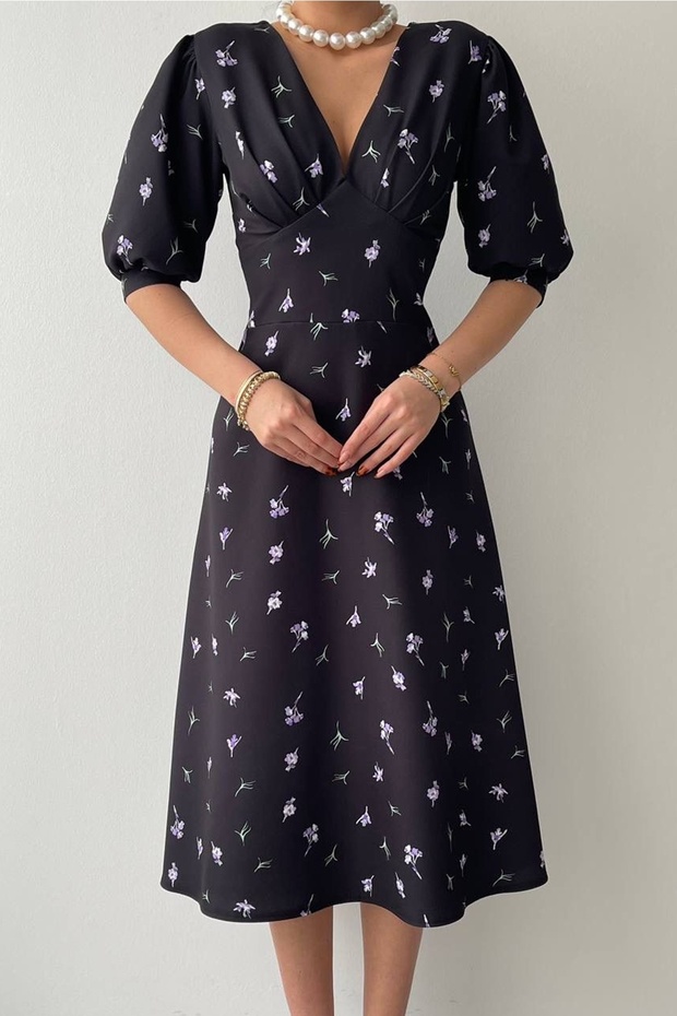 Women's Cotton Atlas Fabric V-neck Short Balloon Sleeve Midi Length Bell Cut Floral Black Dress 153