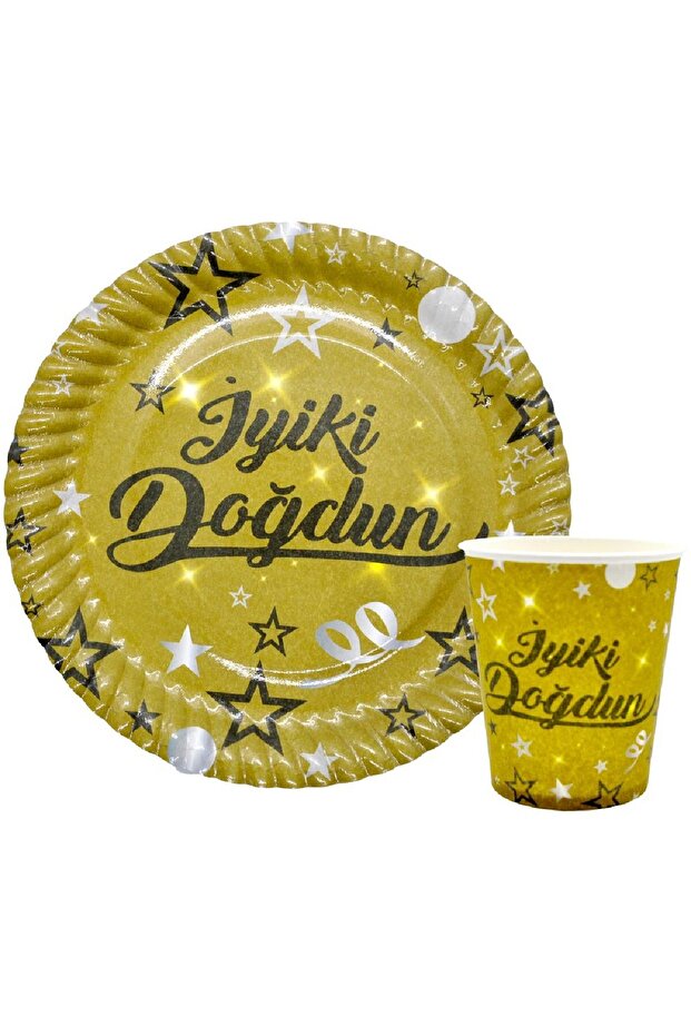 8-Piece Happy Birthday Gold Plate and Cup Set