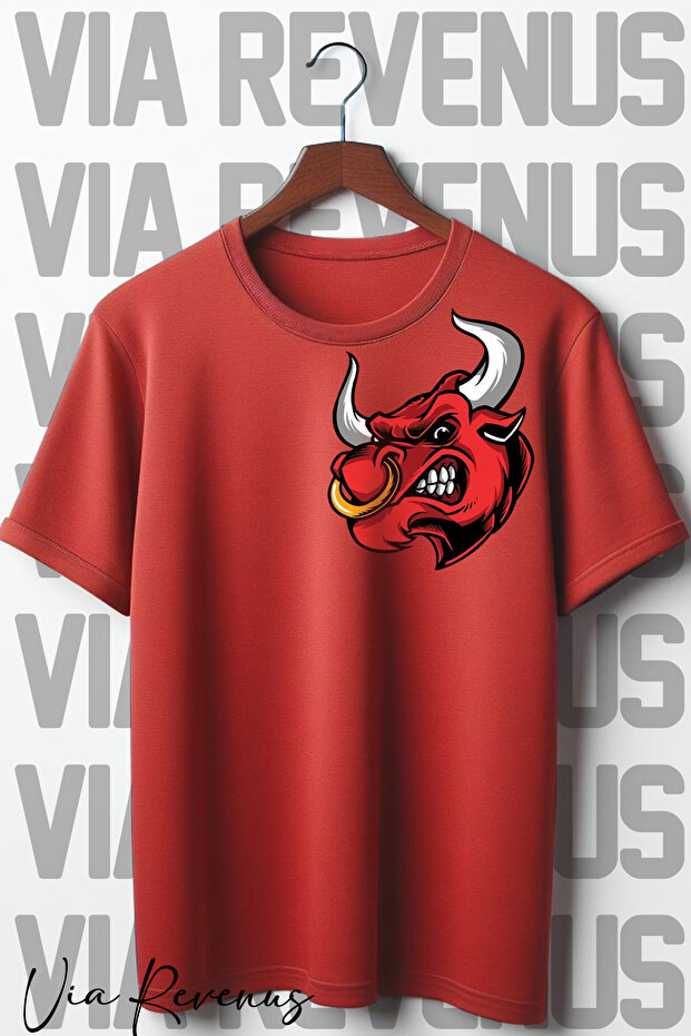 Bull Printed Oversize Wide Fit Crew Neck Red T-Shirt