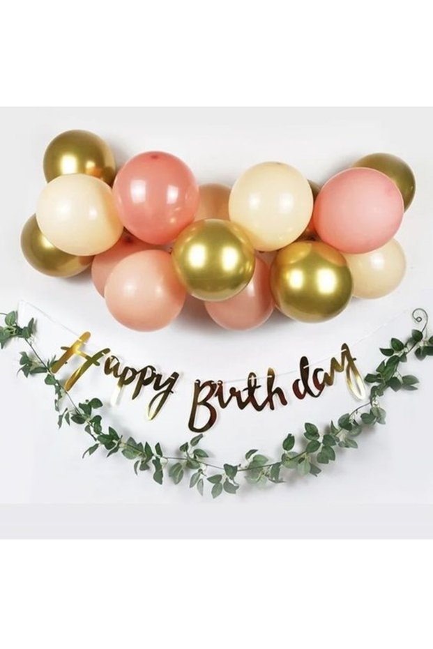 Gold Calligraphy Happy Birthday Banner and Balloon Set, Salmon Gold Cream Latex Balloon Set
