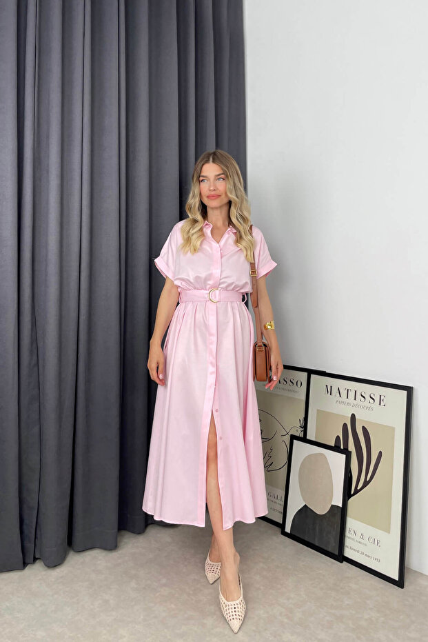 Powder Pink Belted Shirt Dress