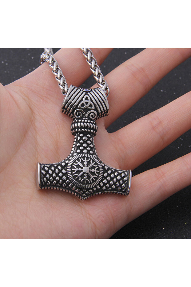 Thor Mjollnir & Vegvisir & Triquetra Engraved 316L Steel Necklace