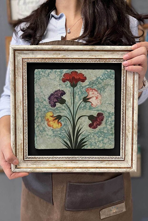 Çerçeveli Tablo Taş Duvar Dekoru 30 X 30 Cm Ebruli Çiçekler Tablosu - 1