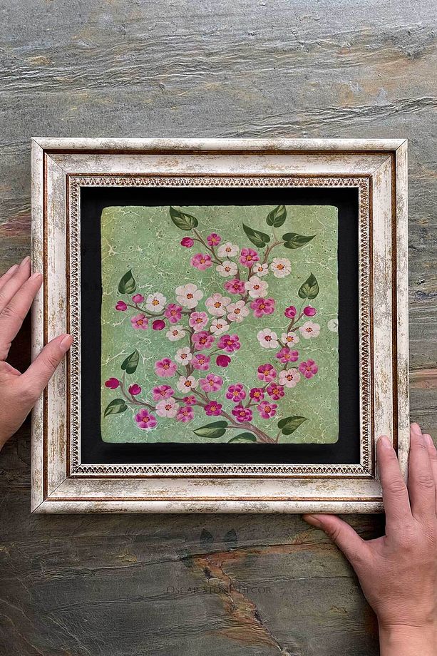 Çerçeveli Tablo Taş Duvar Dekoru 30 X 30 Cm Ebruli Çiçekler Tablosu - 2