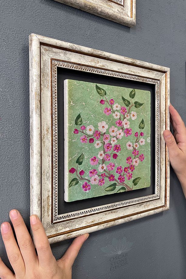 Çerçeveli Tablo Taş Duvar Dekoru 30 X 30 Cm Ebruli Çiçekler Tablosu - 3