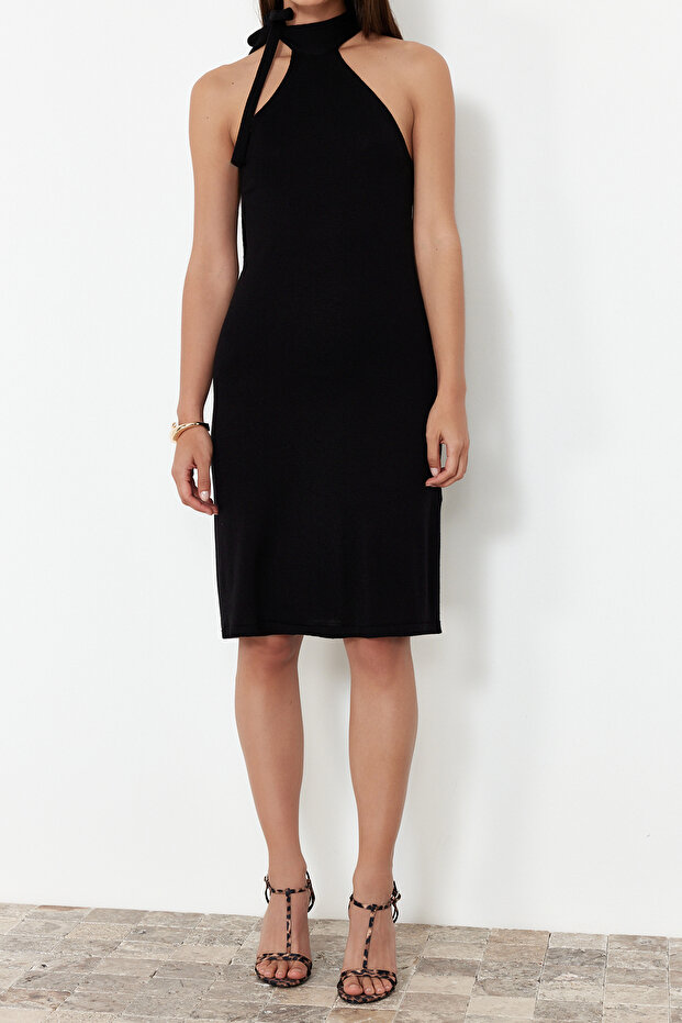 Siyah Düz Bodycone Mini Triko Elbise TWOSS24EL00854 - 4