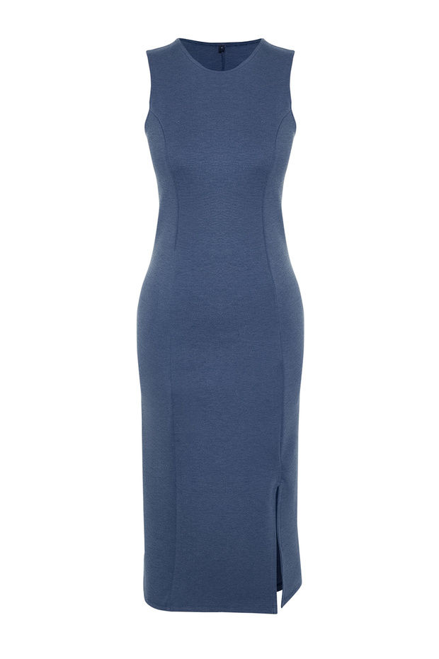 Indigo Sıfır Kol Yırtmaç Detaylı Bodycone/Vücudu Saran Esnek Örme Midi Kalem Elbise TWOSS24EL00108 - 7