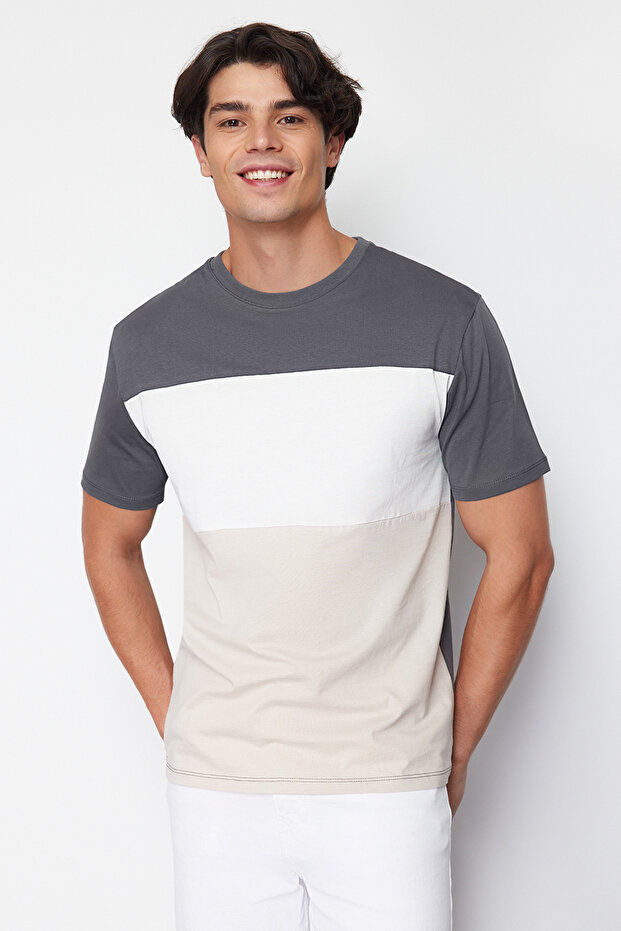 Antrasit Regular/Normal Kesim Renk Bloklu %100 Pamuklu T-Shirt TMNSS24TS00076 - 3