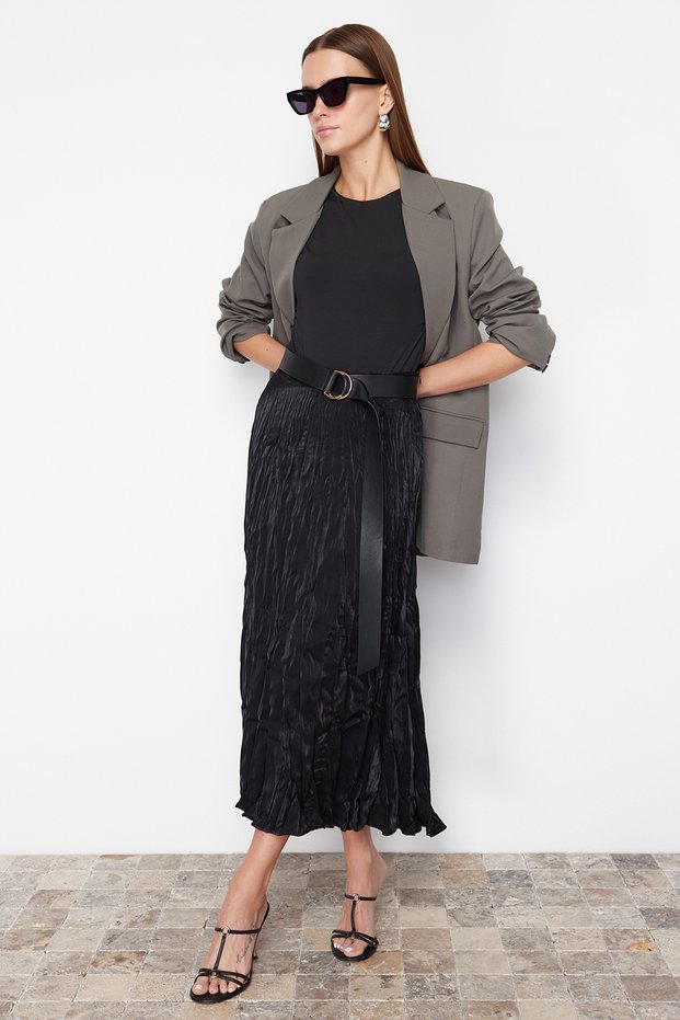 Black Pleated Satin Woven Skirt TCTSS24EE00018