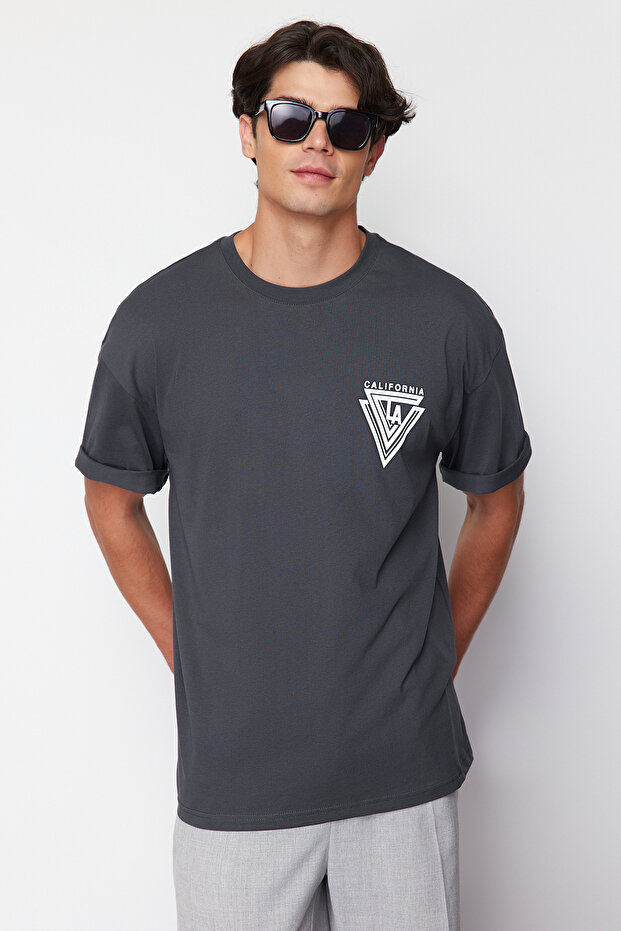Anthracite Oversize/Wide Cut City Printed 100% Cotton T-Shirt Tmnss20Ts1102