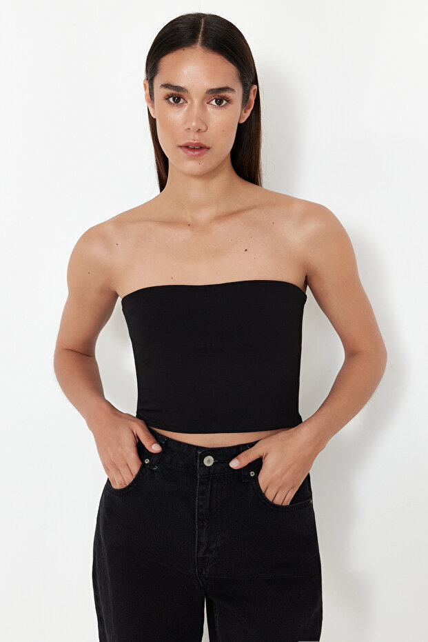 Siyah-Ekru 2'Li Paket Fitted Crop Esnek Örme Bluz TWOSS24BZ00600 - 2
