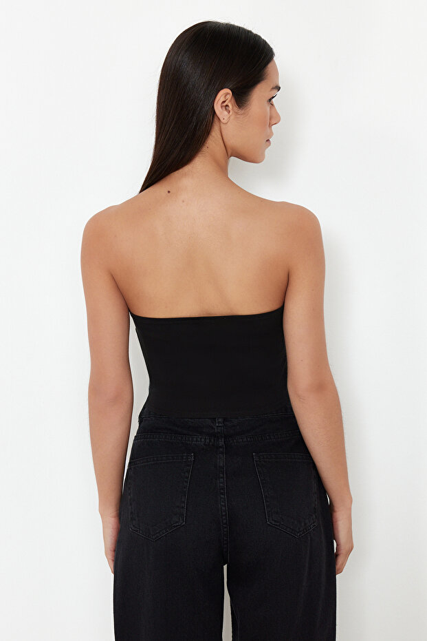 Siyah-Ekru 2'Li Paket Fitted Crop Esnek Örme Bluz TWOSS24BZ00600 - 3