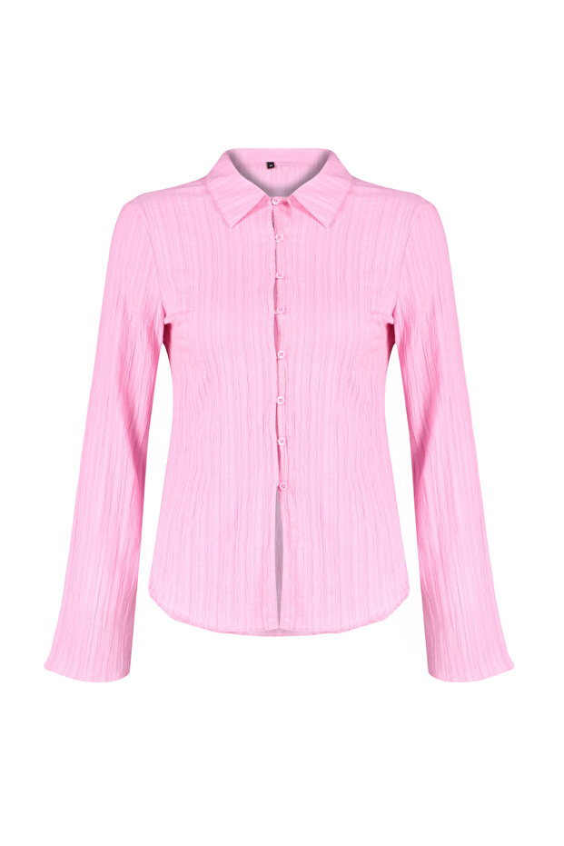 Açık Pembe Dokulu Fitted Bele Oturan Dokuma Gömlek TWOSS24GO00002 - 7