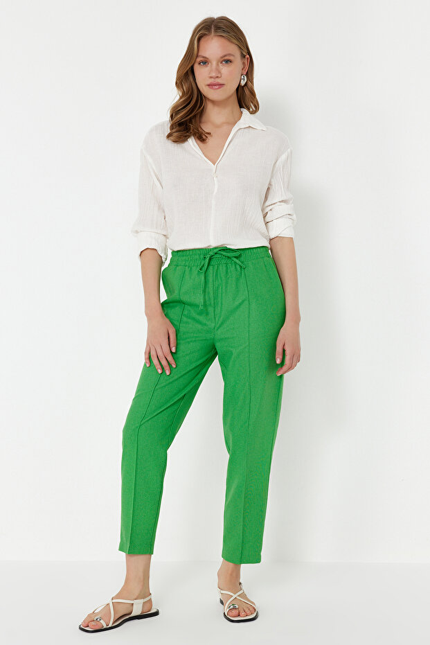 Yeşil Beli Lastikli Pull On Keten Karışımlı Dokuma Pantolon TWOSS24PL00144 - 1