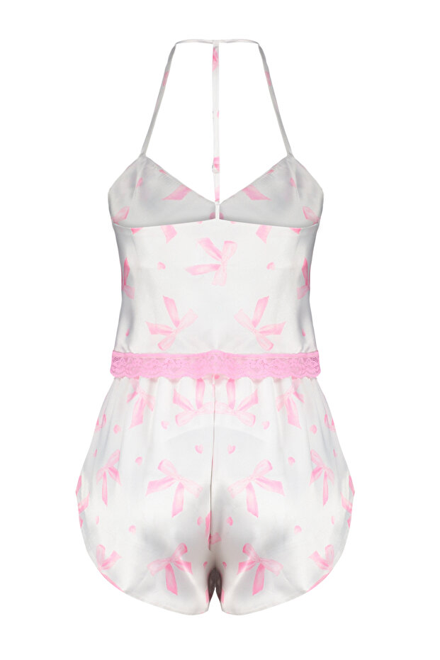 Pembe Kurdele/Fiyonk Desenli Dantelli İp Askılı Crop Saten Şortlu Dokuma Pijama Takımı THMSS22PT0264 - 9